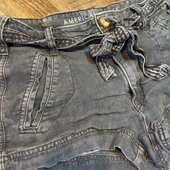 American Eagle 00 Paper Bag Linen Shorts Charcoal - Picture 3 of 5